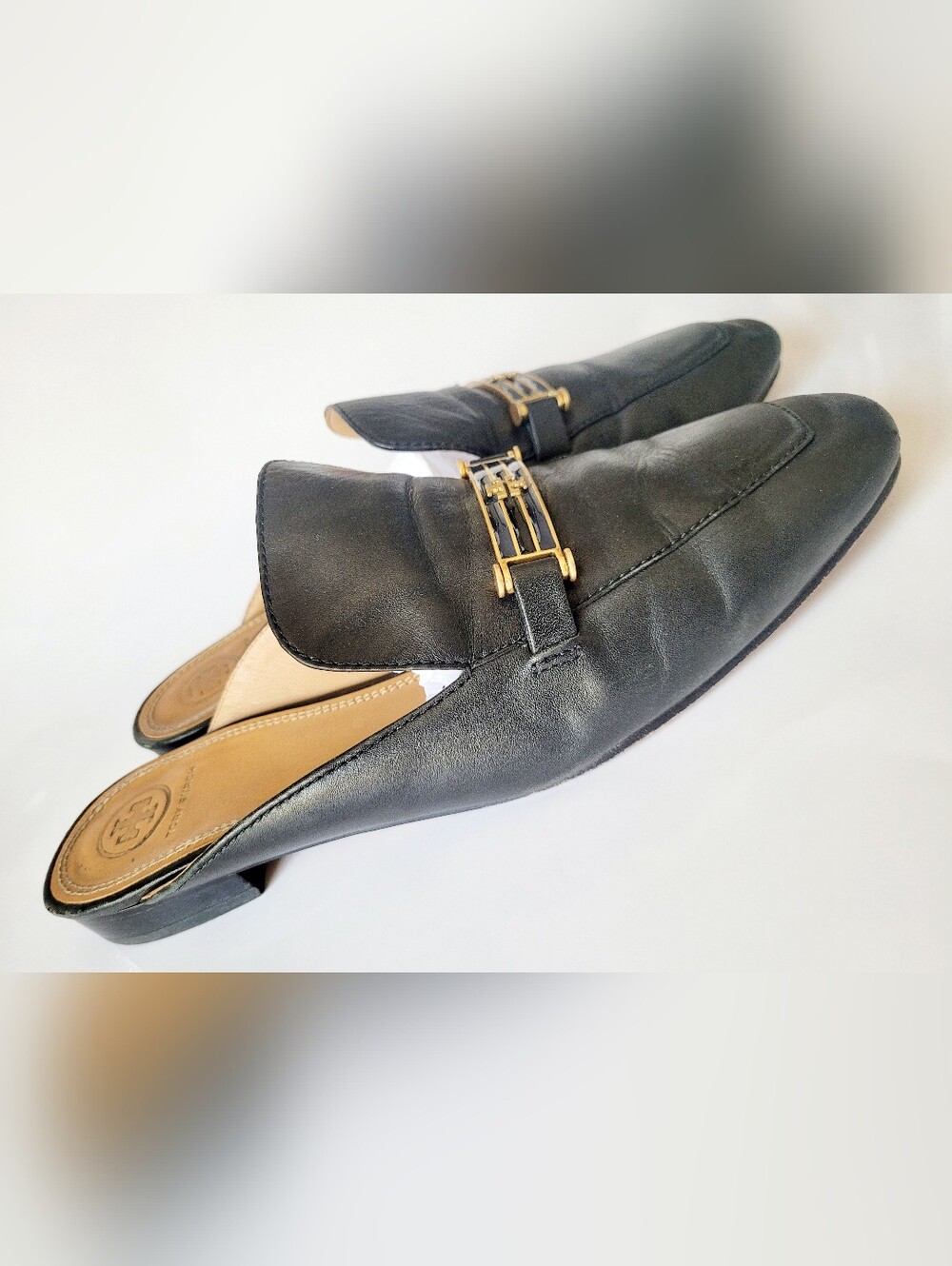 Tory Burch Amelia Calfskin Leather Backless Loafers Gold Logo Hardware Black 9.5 - Picture 15 of 16